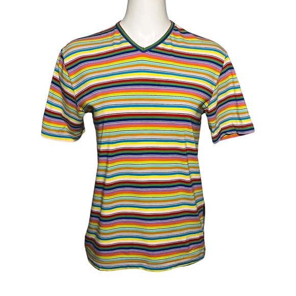 Katharine Hamnett Denim Vibrant Rainbow Striped V-Neck Short Sleeve T-Shirt sz L - Picture 1 of 8